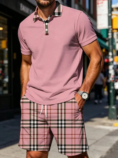 ☀️ Men's Summer Plaid Checked Patchwork Polo Shorts Set