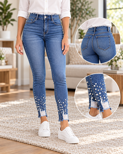 Women's High-Waisted Pearl Beaded Distressed Skinny Jeans