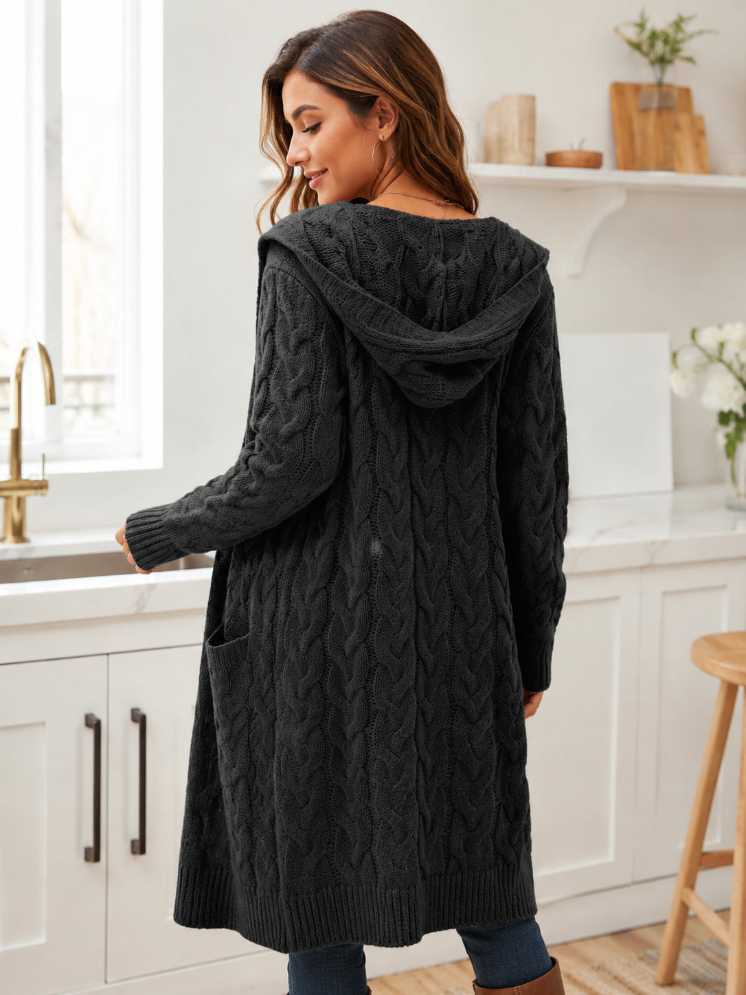Women’s Long Hooded Cable-Knit Cardigan