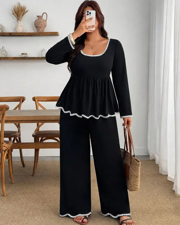 Plus-Size Elegant Ruffle Two-Piece Set with Wide-Leg Pants