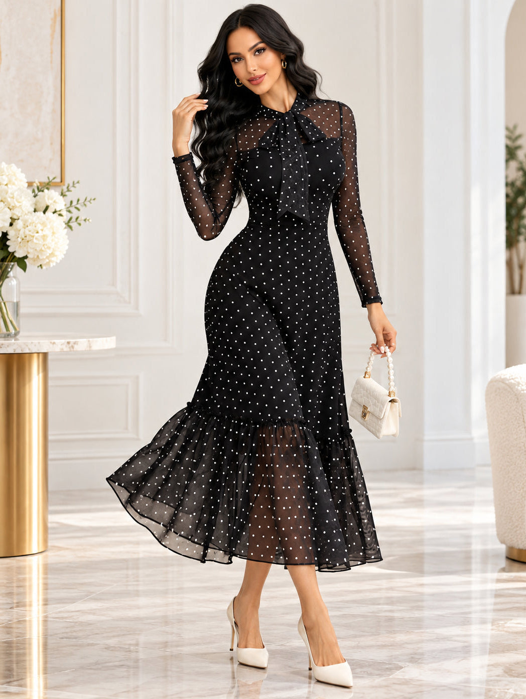 Women's Vintage Polka Dot Mesh Bow Tie A-Line Dress