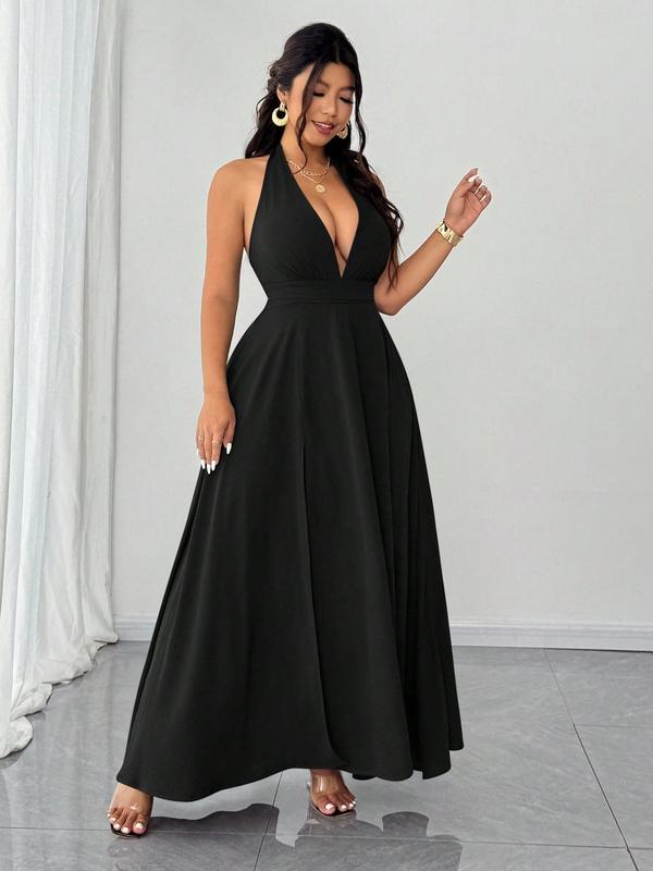 Plus Size Halter Deep V Maxi Dress