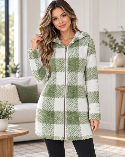 Women's Cozy Plaid Fleece Hooded Zip-Up Long Jacket