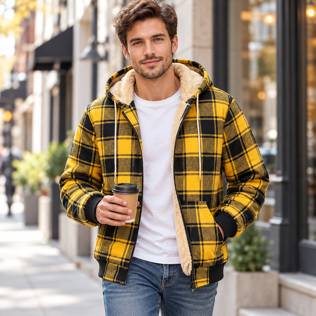Men’s Plaid Fleece-Lined Zip-Up Hoodie Jacket