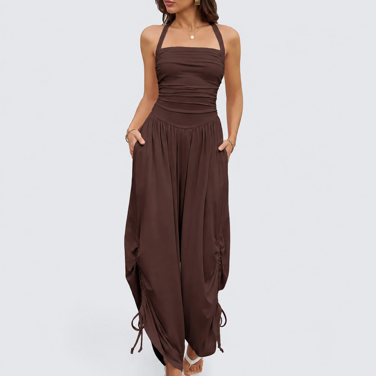 Women’s Ruched Halter Jumpsuit with Pockets