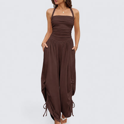 Women’s Ruched Halter Jumpsuit with Pockets