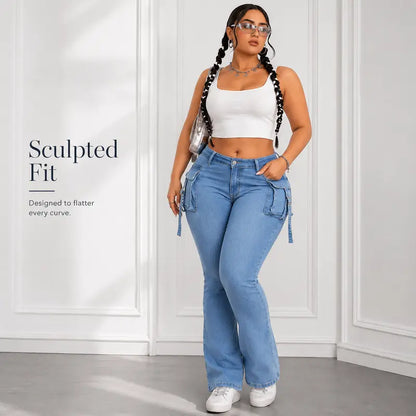 Women's High Waisted Sculpting Cargo Flare Jeans