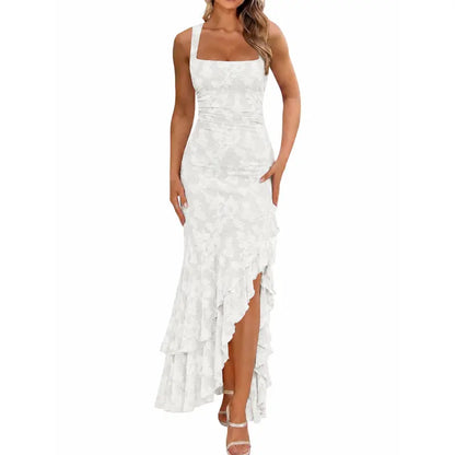 Floral Mermaid Maxi Dress – Ruched Square Neck