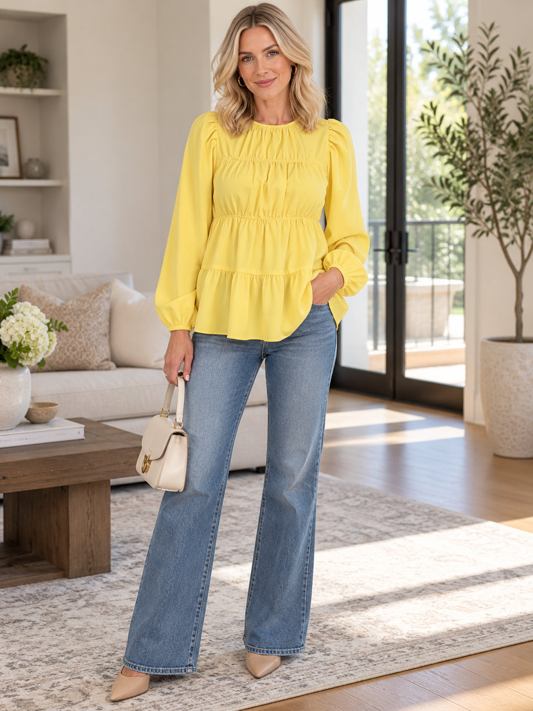 Women’s Elegant Ruched Peplum Long Sleeve Blouse