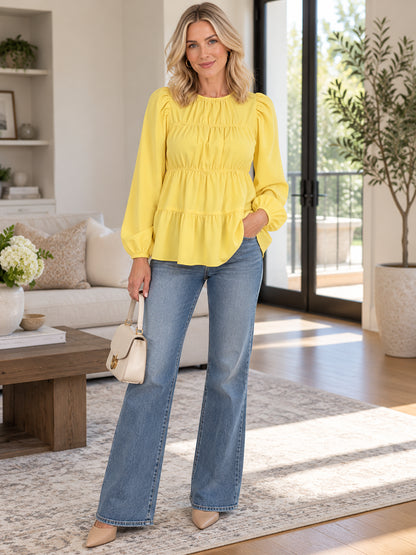 Women’s Elegant Ruched Peplum Long Sleeve Blouse