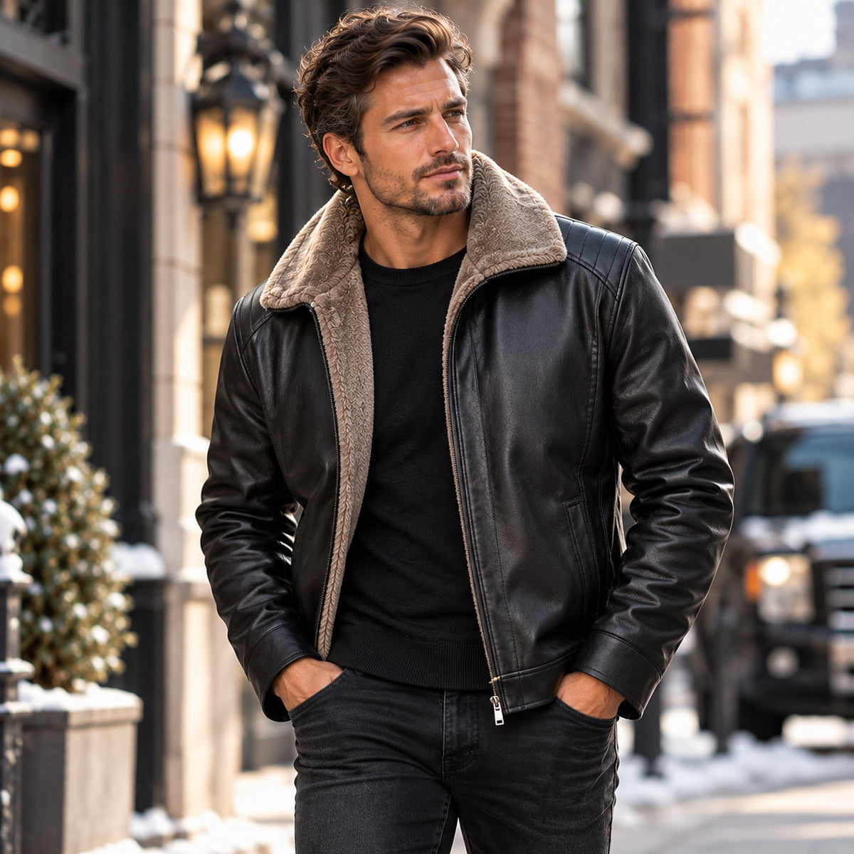 Men's Fleece Lined Faux Leather Winter Jacket