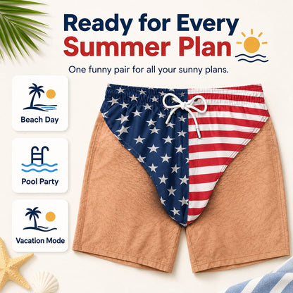 🏖️🇺🇸 Funny Patriotic Men’s Swim Trunks – Freedom & Chill Summer Beach Shorts