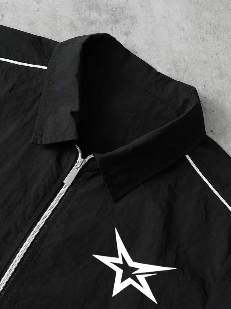 Men's 2 Pieces Outfits Casual Stars Pattern Shirt and Shorts Set Quarter-Zip Athletic