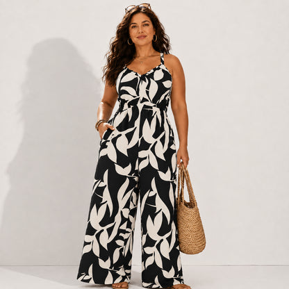Plus Size Boho Wide-Leg Jumpsuit with Pockets