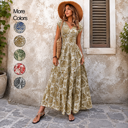 💃Women’s Boho Shirred V-Neck Flowy Vacation Maxi Dress