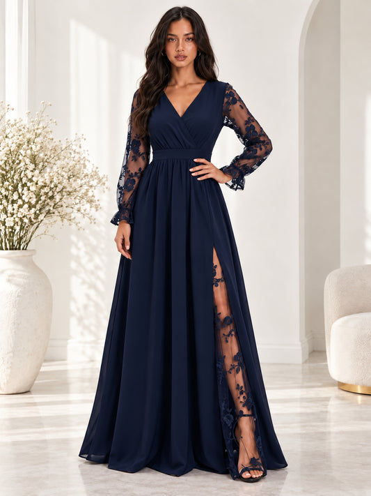 Women’s Plus Size Embroidered Mesh V-Neck Slit Maxi Dress