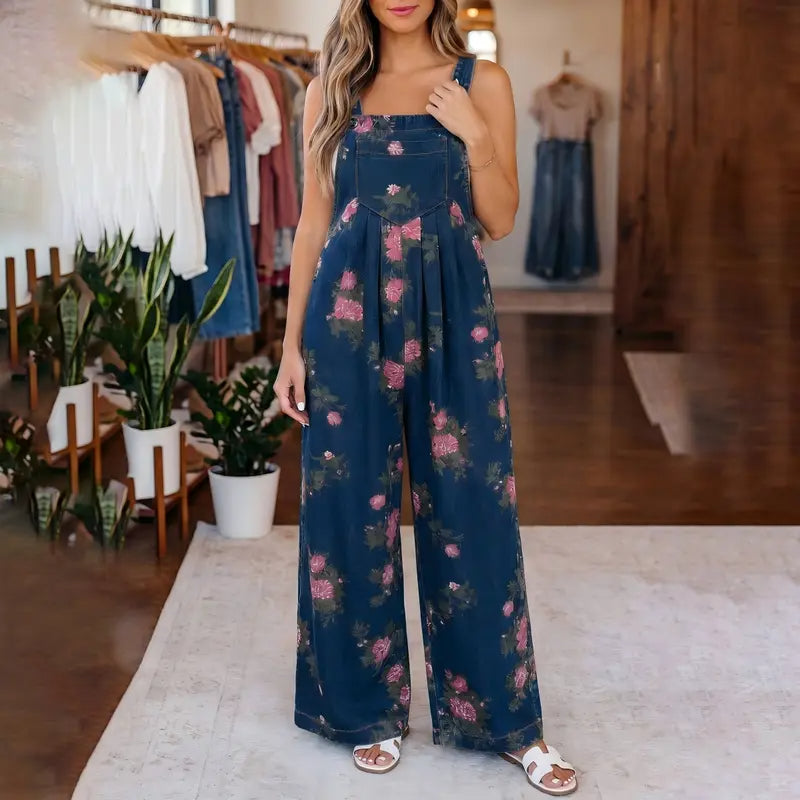 Floral Wide-Leg Denim Jumpsuit