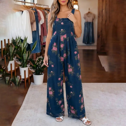 Floral Wide-Leg Denim Jumpsuit