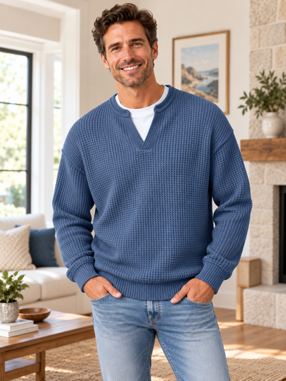 Men's Waffle Knit Long Sleeve Henley Polo Shirt