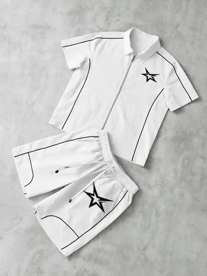 Men's 2 Pieces Outfits Casual Stars Pattern Shirt and Shorts Set Quarter-Zip Athletic
