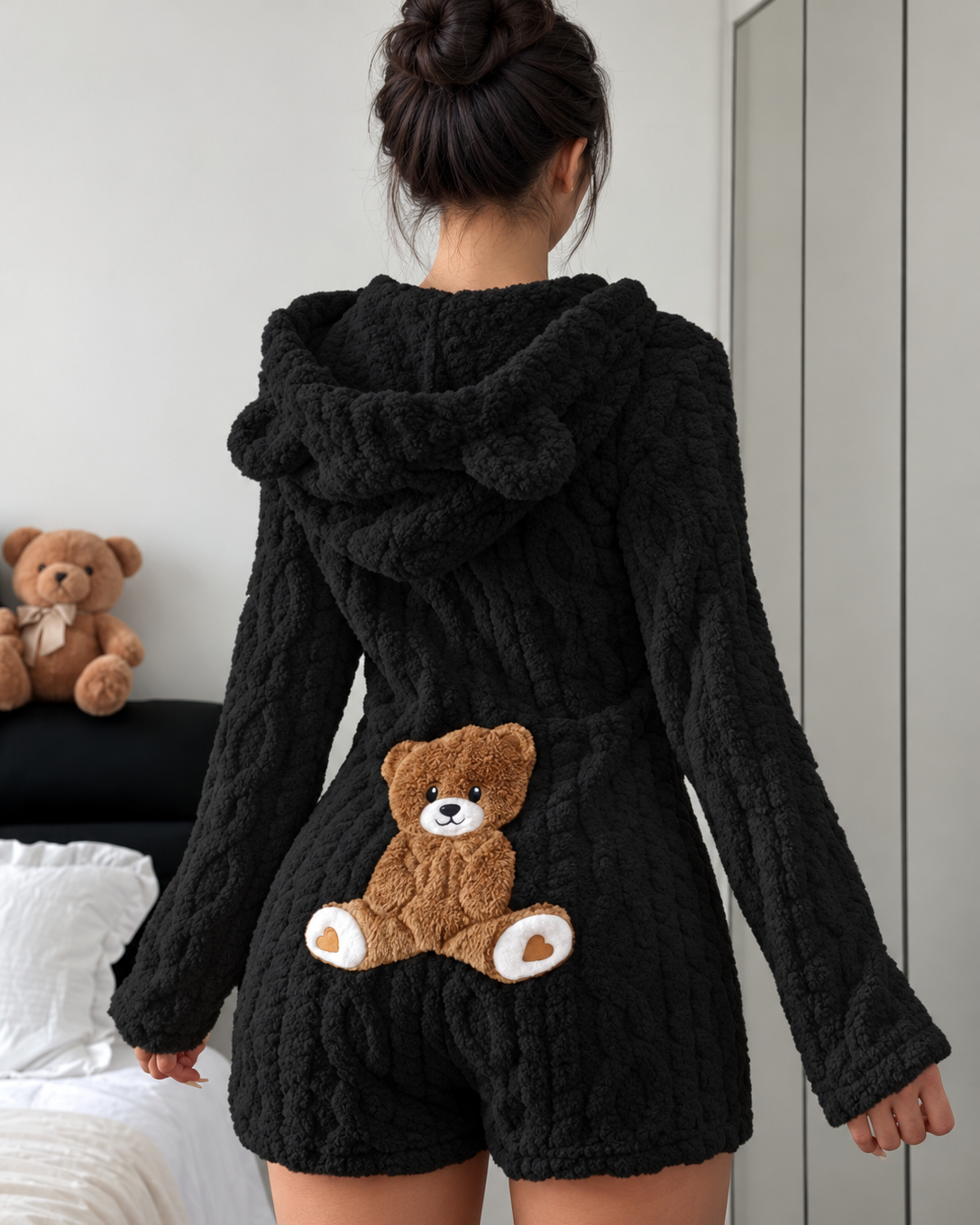 Women's Plush Teddy Bear Hooded Onesie Pajamas