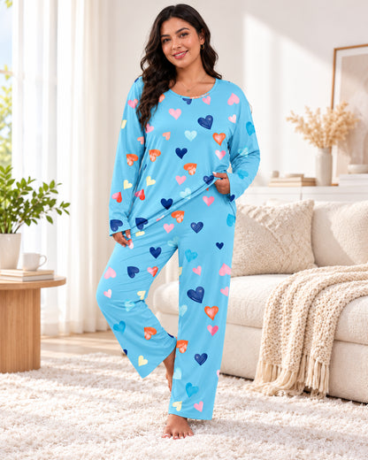Women's Colorful Heart Print Long Sleeve Pajama Set