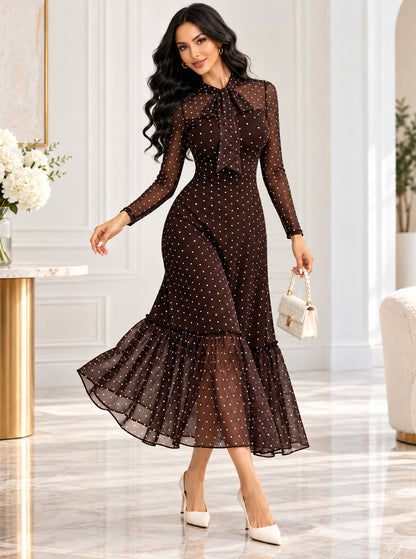 Women's Vintage Polka Dot Mesh Bow Tie A-Line Dress