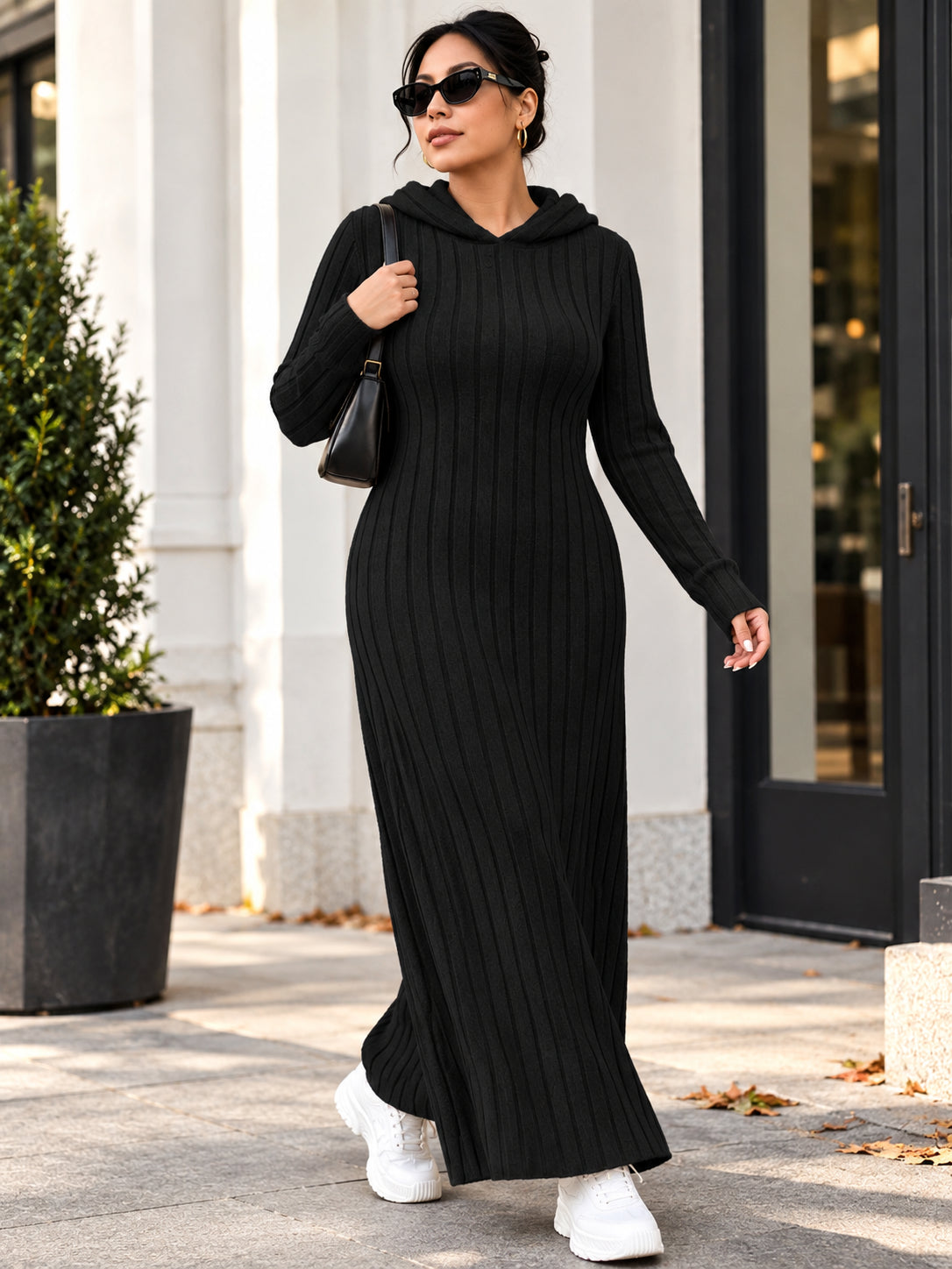Women’s Slim-Fit Ribbed Hooded Maxi Dress