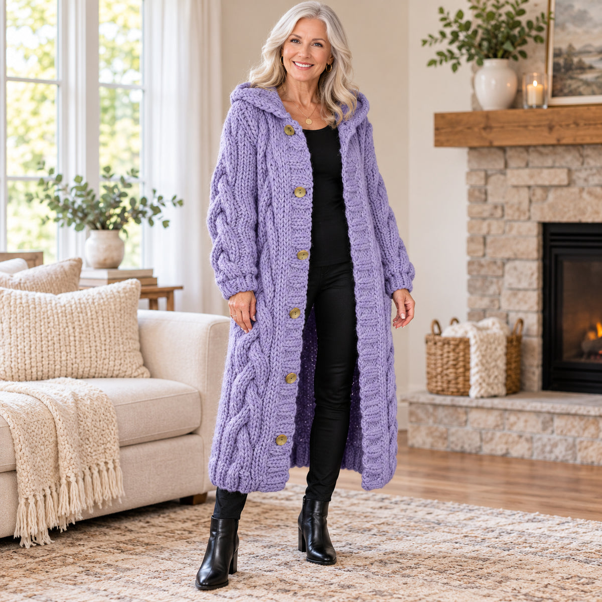 Women's Cozy Chunky Cable Knit Long Hooded Cardigan