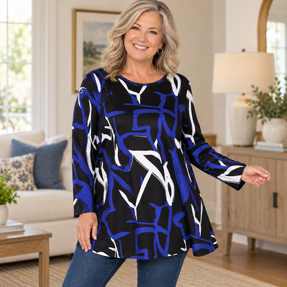 Plus Size Abstract Print Long-Sleeve Tunic Top