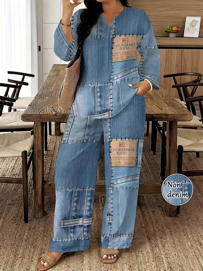 Plus Size Faux-Denim Patchwork Two-Piece Set
