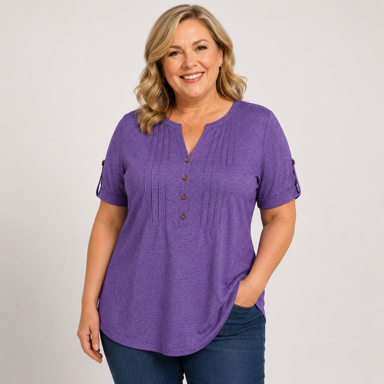 Women’s Pleated V-Neck Button Top