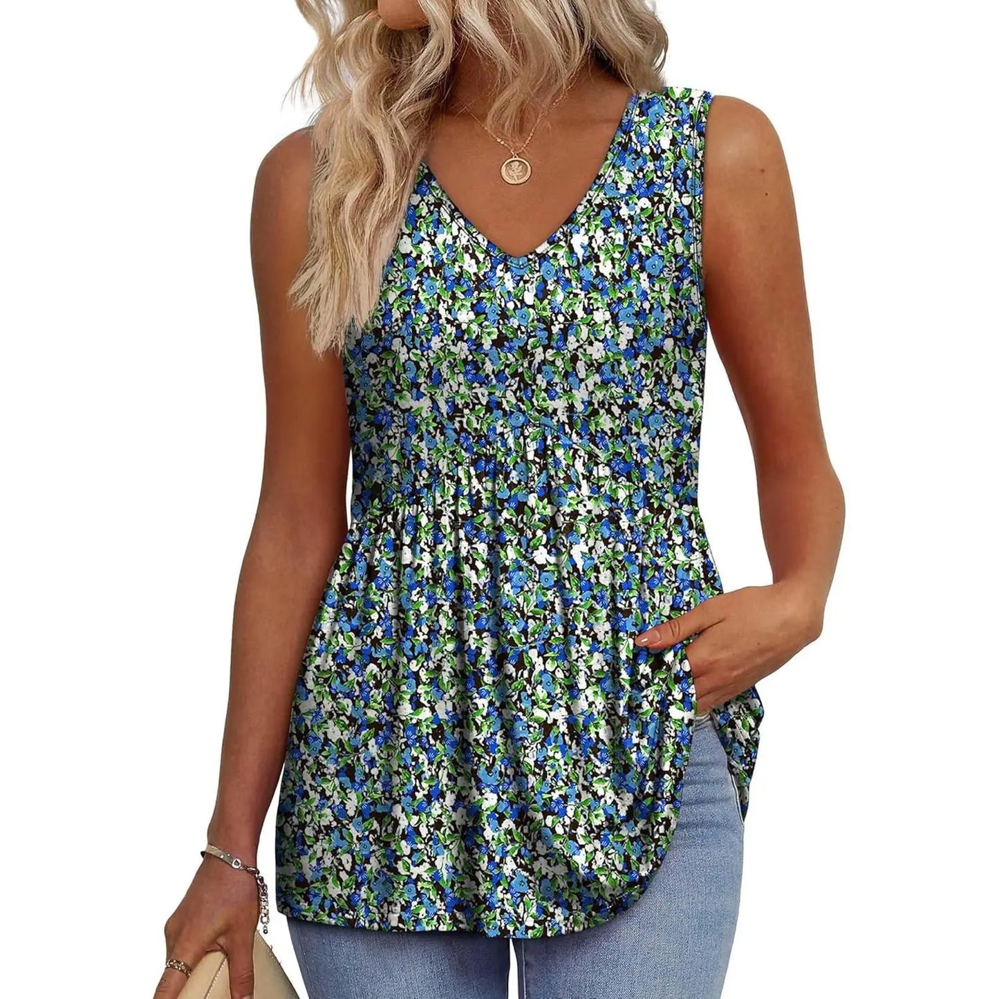 👗Women’s Sleeveless V-Neck Babydoll Tank Top – Flowy Summer Peplum Top
