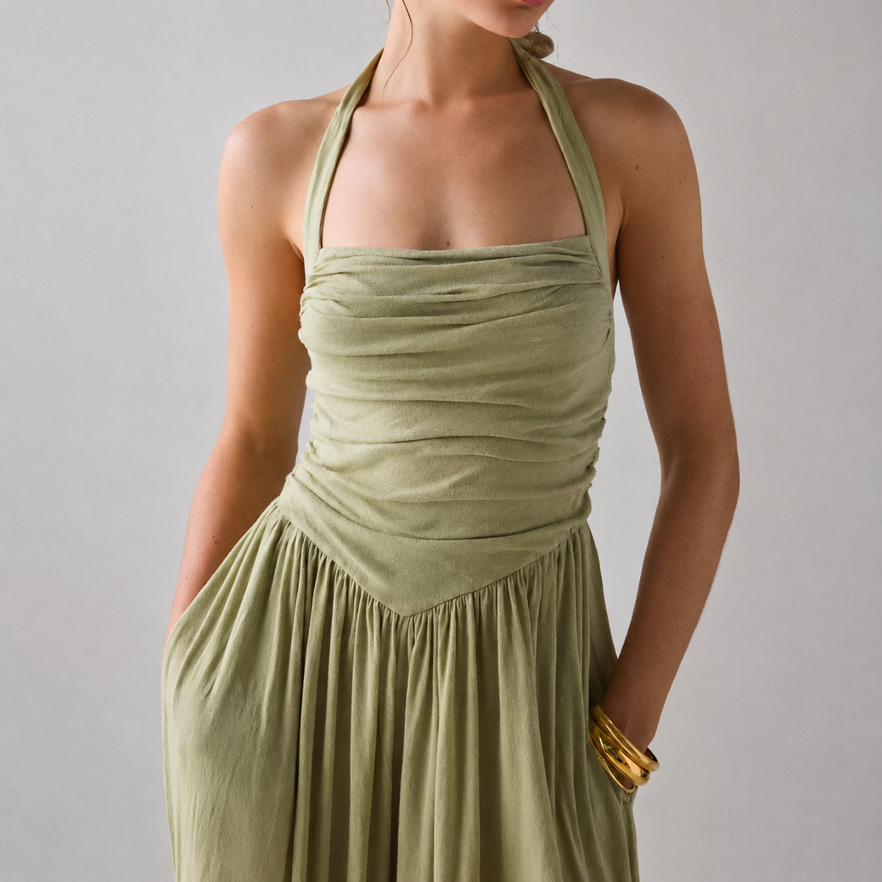 Women’s Ruched Halter Jumpsuit with Pockets