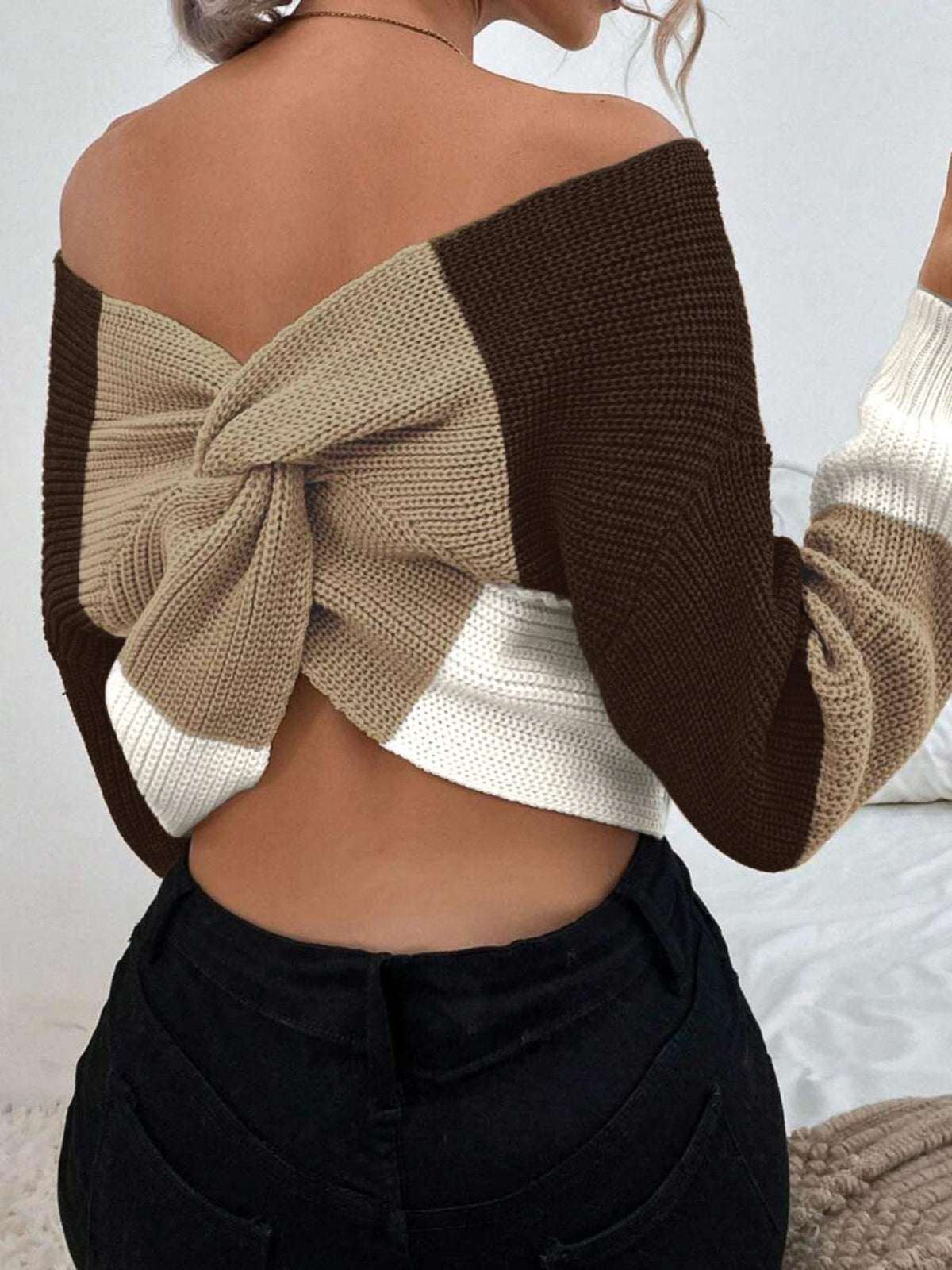 Women's Color Block Off-Shoulder Bow Back Knit Sweater