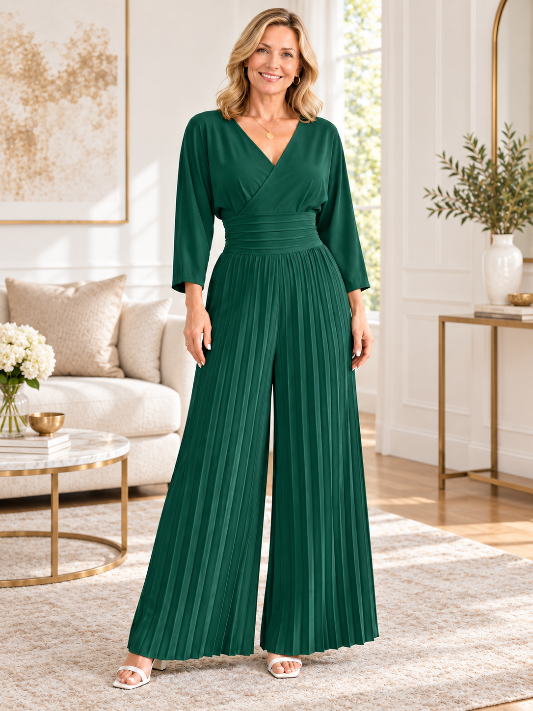 Women’s Pleated V-Neck Batwing Wide-Leg Jumpsuit