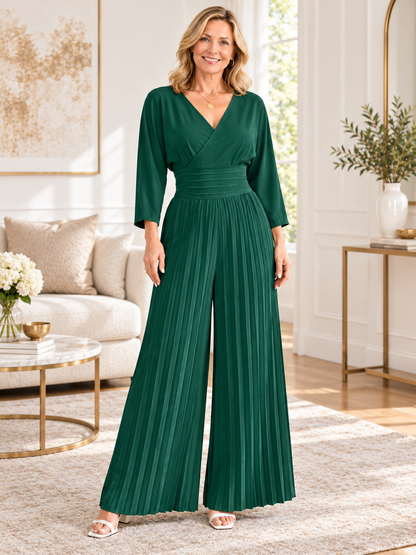 Women’s Pleated V-Neck Batwing Wide-Leg Jumpsuit