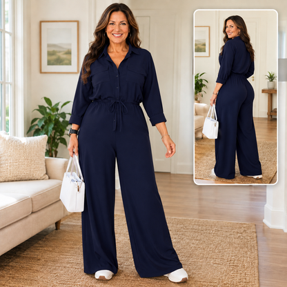 Women’s Drawstring-Waist Wide-Leg Shirt Jumpsuit