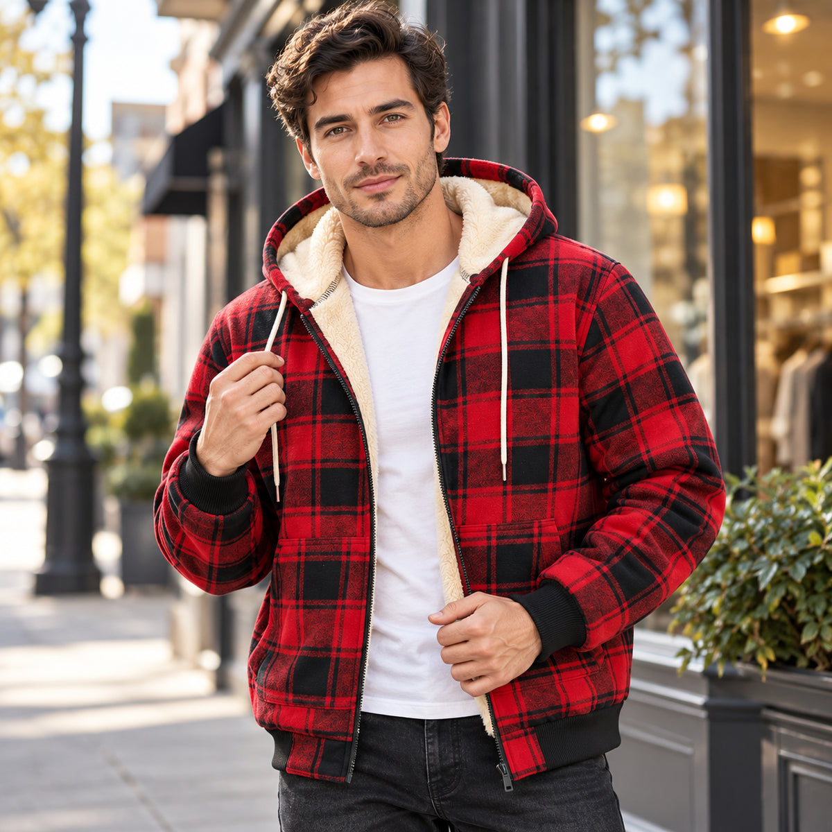 Men’s Plaid Fleece-Lined Zip-Up Hoodie Jacket