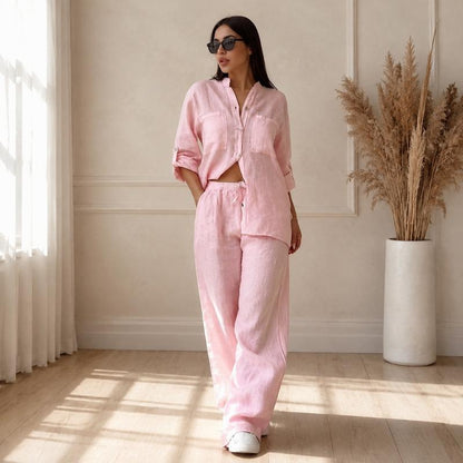 Women's Cotton Button-Up Shirt & Wide-Leg Pants Set