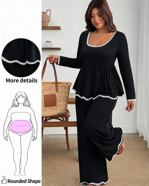 Plus-Size Elegant Ruffle Two-Piece Set with Wide-Leg Pants