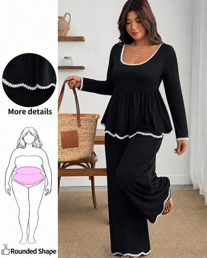 Plus-Size Elegant Ruffle Two-Piece Set with Wide-Leg Pants