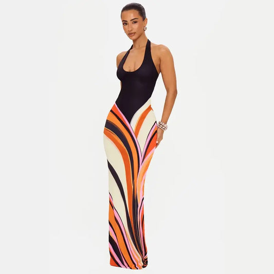 Women’s Halter Color Block Maxi Dress