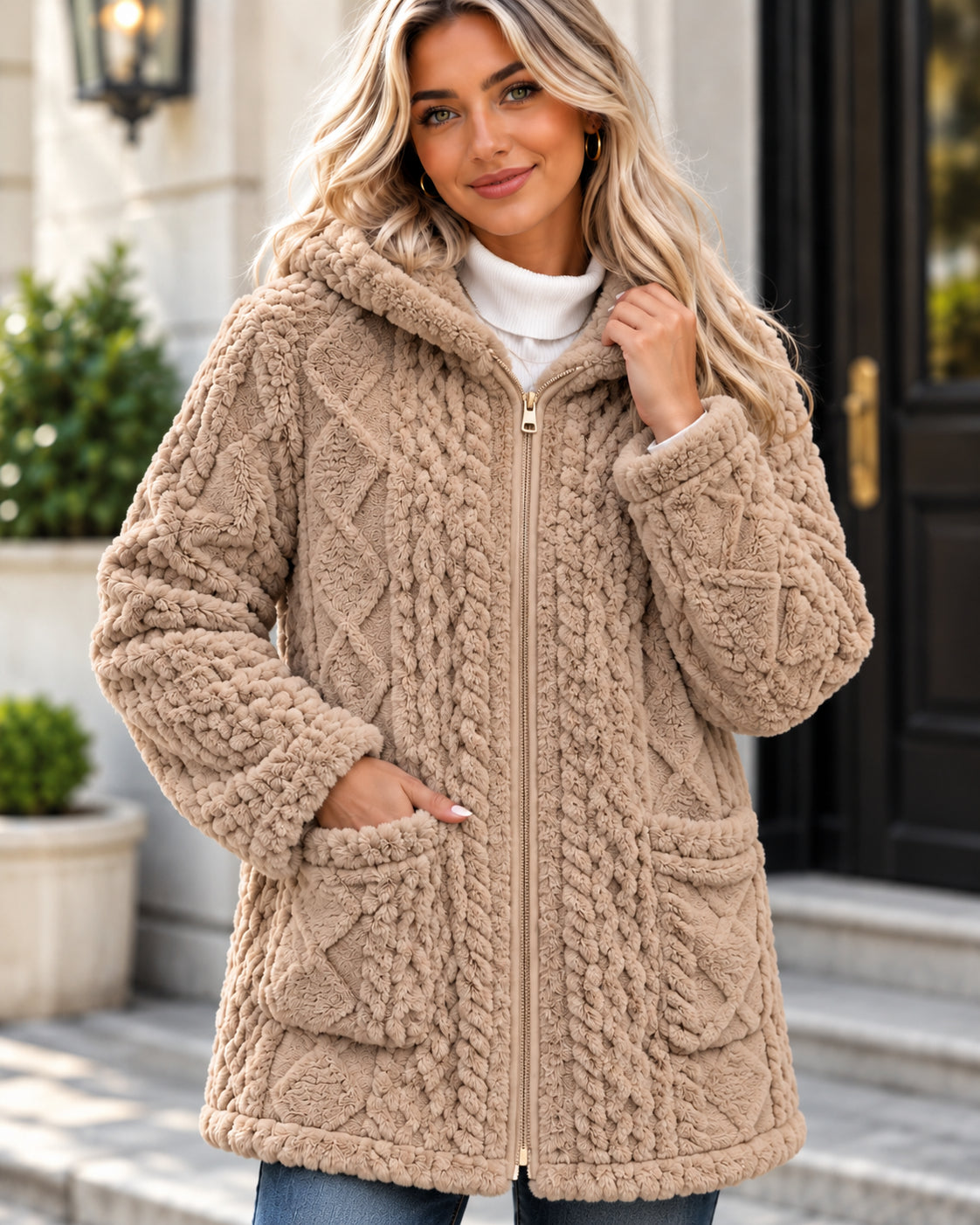 Women's Cozy Cable-Knit Hooded Zip-Up Cardigan