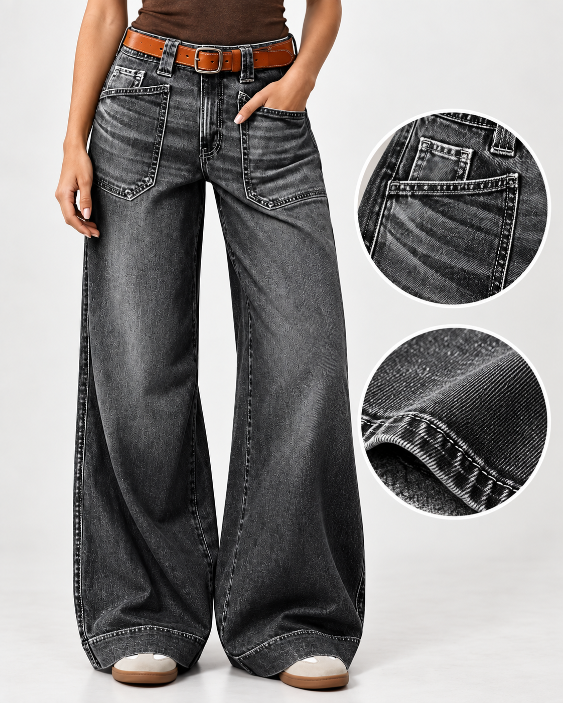 Women's Vintage Washed Wide-Leg Denim Jeans