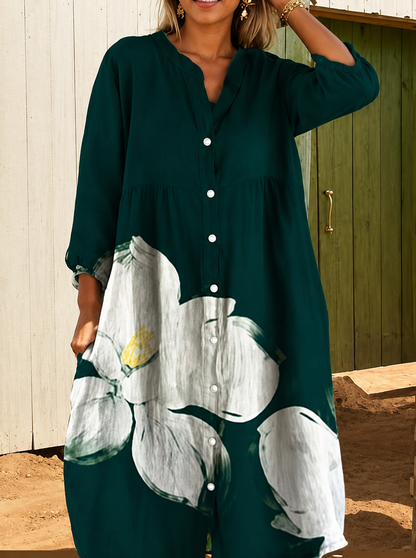 ✨Women’s Loose Boho  Dress – Printed Button Down Vacation Shirt Dress