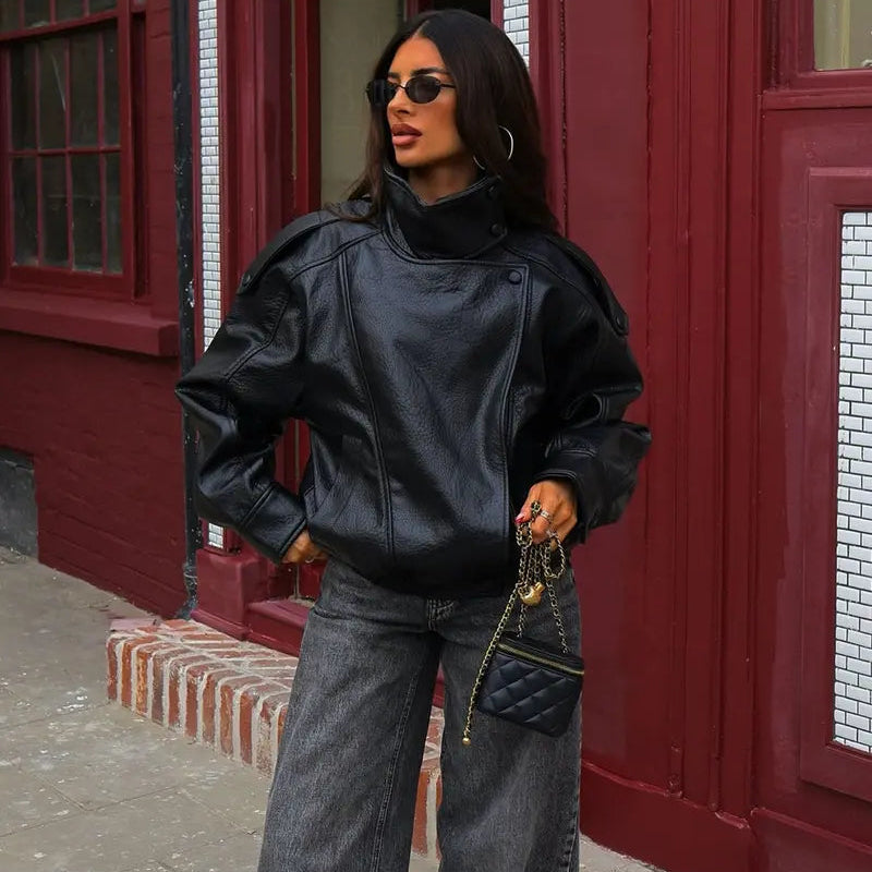 Women’s Oversized Stand Collar Faux Leather Jacket