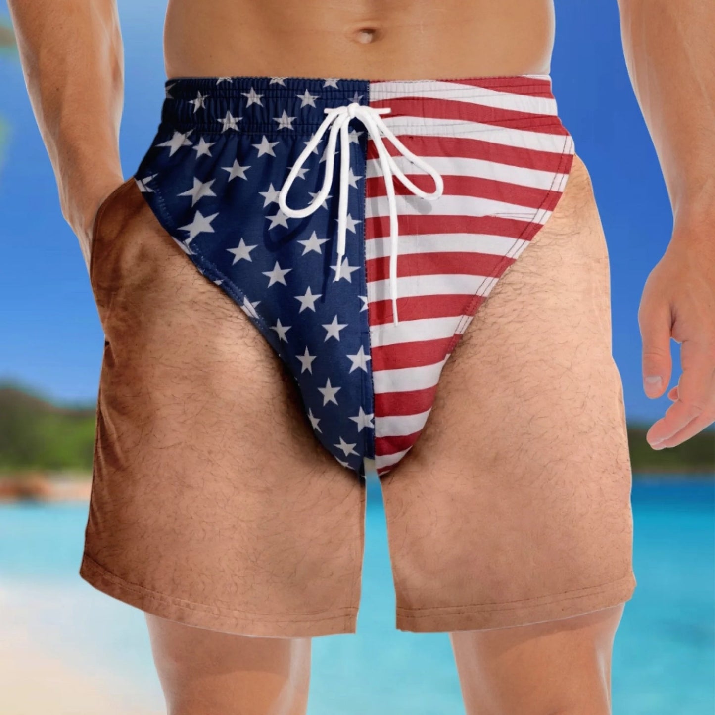 🏖️🇺🇸 Funny Patriotic Men’s Swim Trunks – Freedom & Chill Summer Beach Shorts