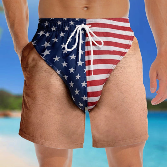 🏖️🇺🇸 Funny Patriotic Men’s Swim Trunks – Freedom & Chill Summer Beach Shorts