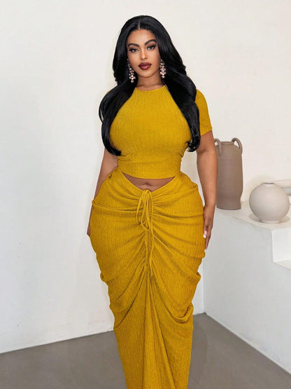Plus Size Curve-Flattering Ruched Drawstring Crop Top & Maxi Skirt Set